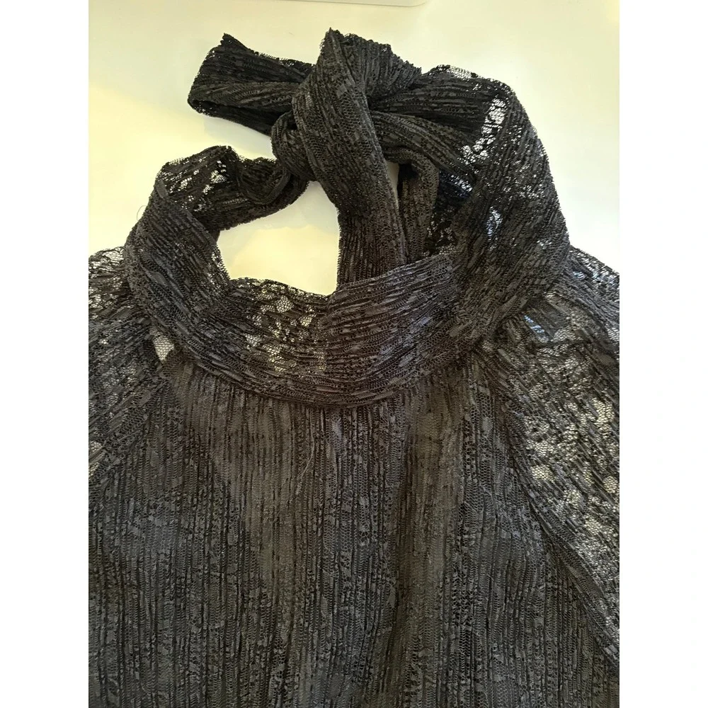 Zara Black Lace Crop Top High Neck Tie Sheer Long Sleeve Blouse Women's M